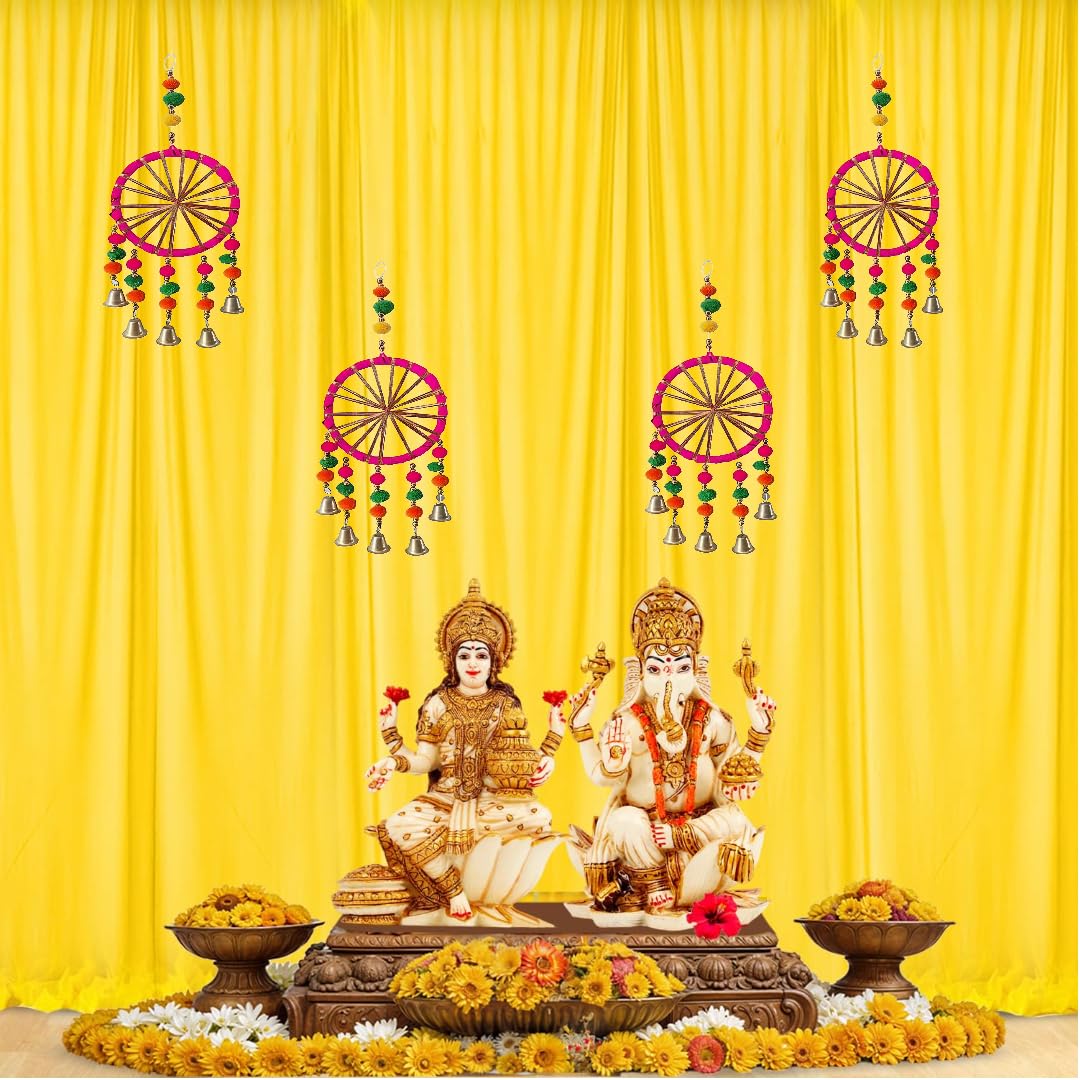 Floroom Yellow Net for Decoration with Chakra Hangings - 8 Pcs Haldi Decor Items for Home,Pooja Decoration, Haldi Decoration Set, Wedding, Festive Decor (Haldi_44) 3