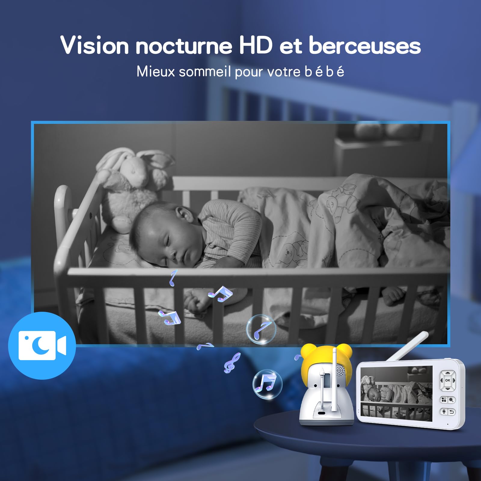 XPJ 2K 5" - Cámara de bebé con aplicación de teléfono, rotación de 360° luces de noche coloridas, zoom 4X, monitoreo de movimiento, seguimiento automático, zona de alarma personalizada