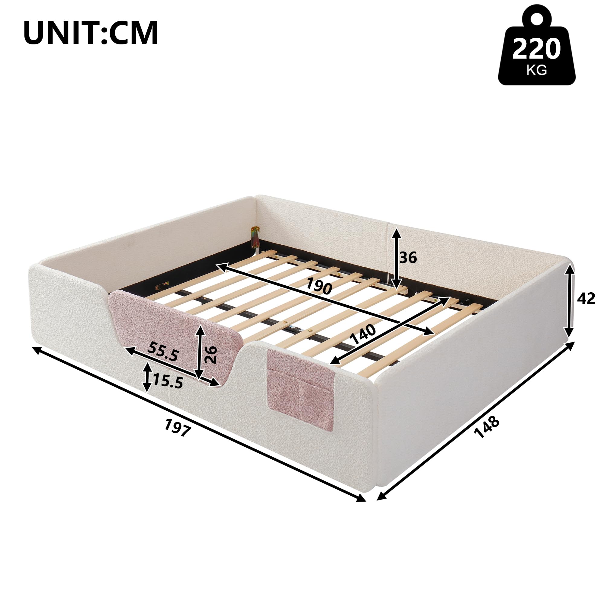 Montessori Letto a Terra per Bambini 140x190cm, Letto Piazza e Mezza per Bambini con Borsa Portaoggetti in Tessuto e Sponde di Sicurezza Removibili, Letto imbottito in Velluto(Senza Materasso) Beige