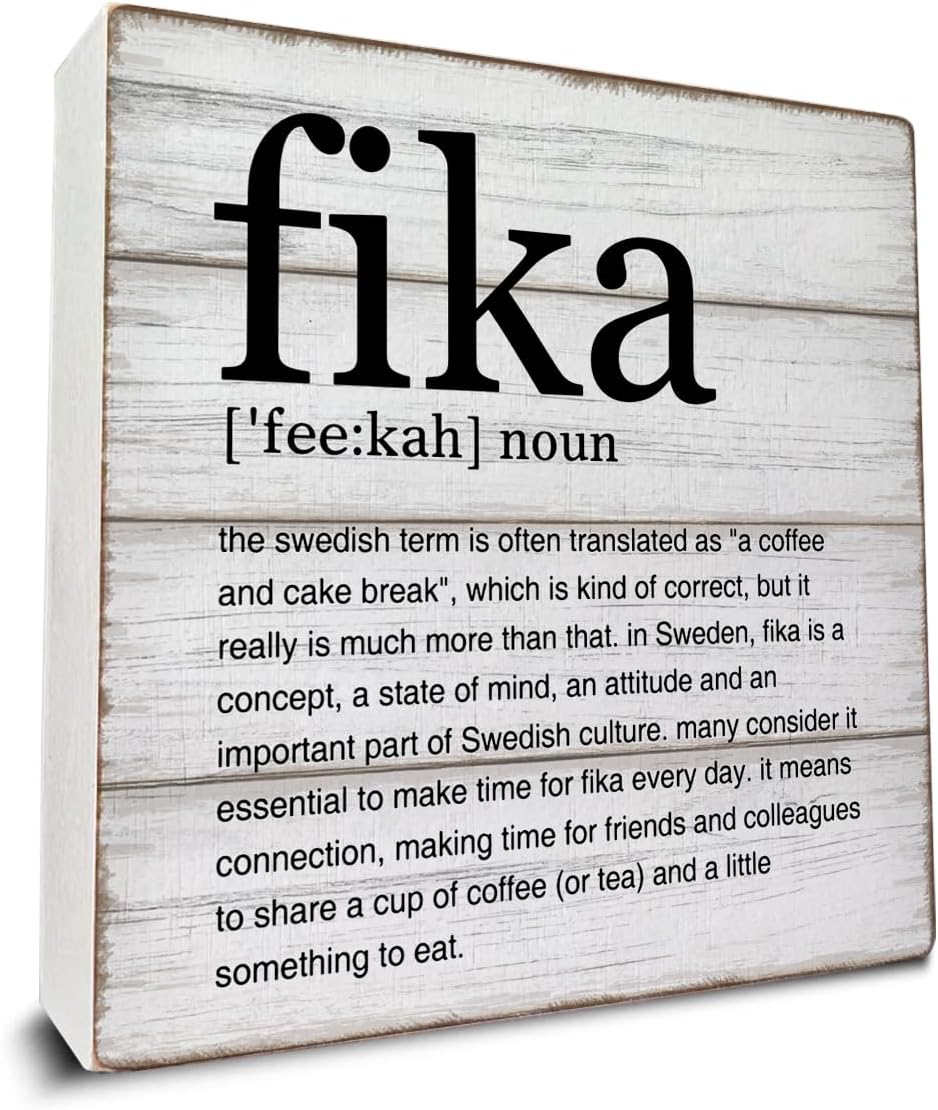 Fika Definition Art Wooden Box Sign Fika Swedish Desk Decorative Wooden Sign Home Decor for Desk Table Shelf 5 x 5 Inches