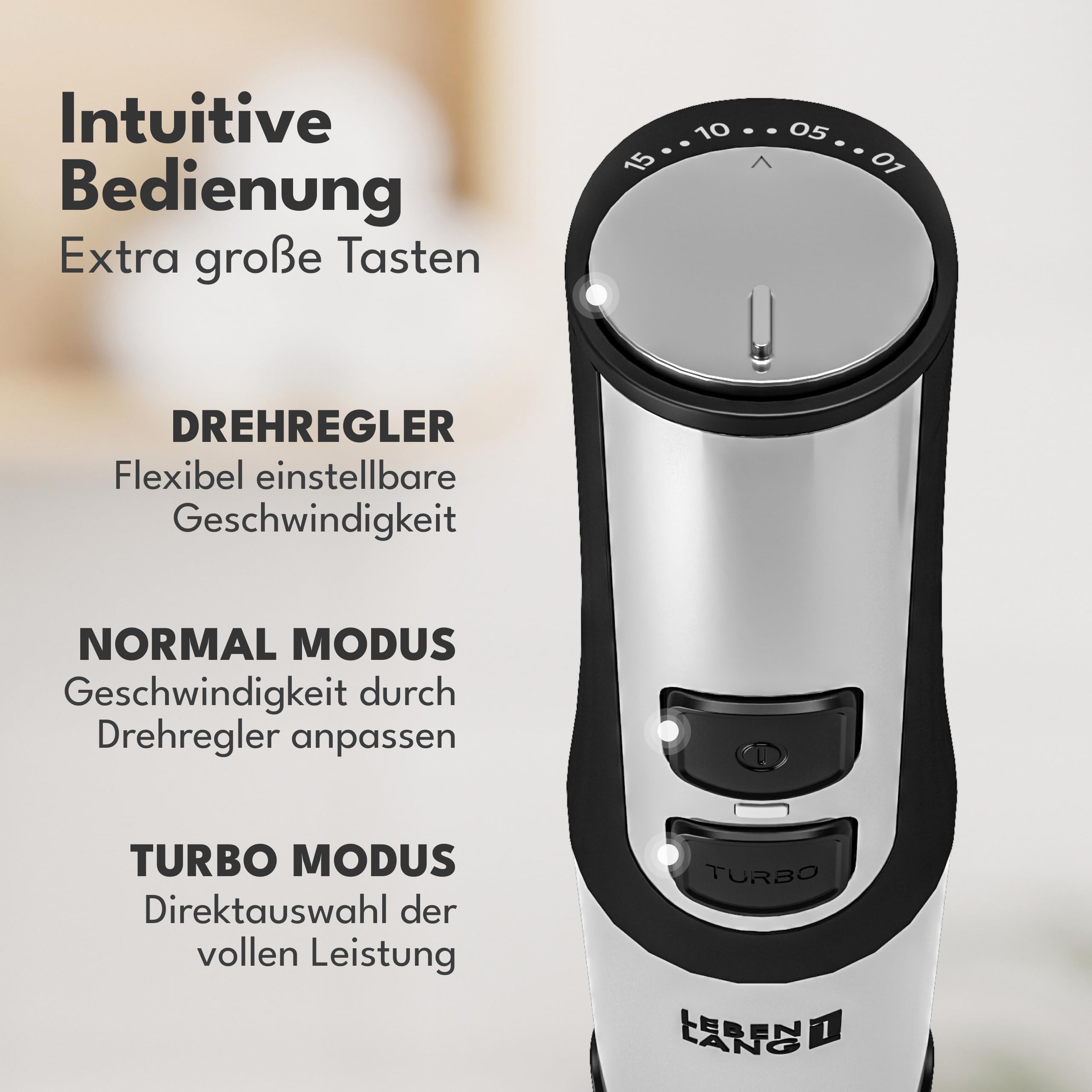 LEBENLANG 1500W Stabmixer Edelstahl - Inkl. 800ml Messbecher & Spritzschutz I Stufenlos verstellbar & Turbo I Pürierstab Zauberstab Mixer Mixstab Elektrische Hand Blender Purierstabmixer Pürierstäbe