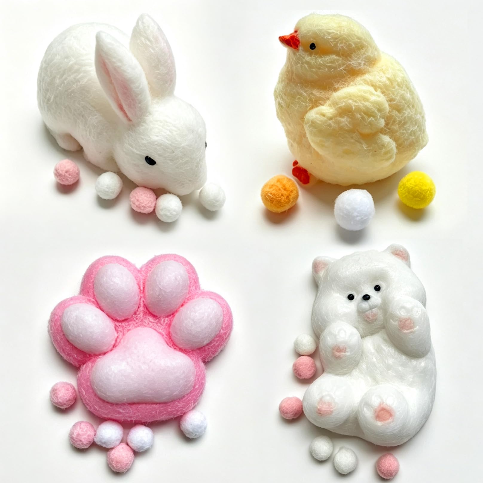 4Pcs Taba Squishies Fufu Squishy Set - Chicken + Rabbit + Bear + Cat Paw