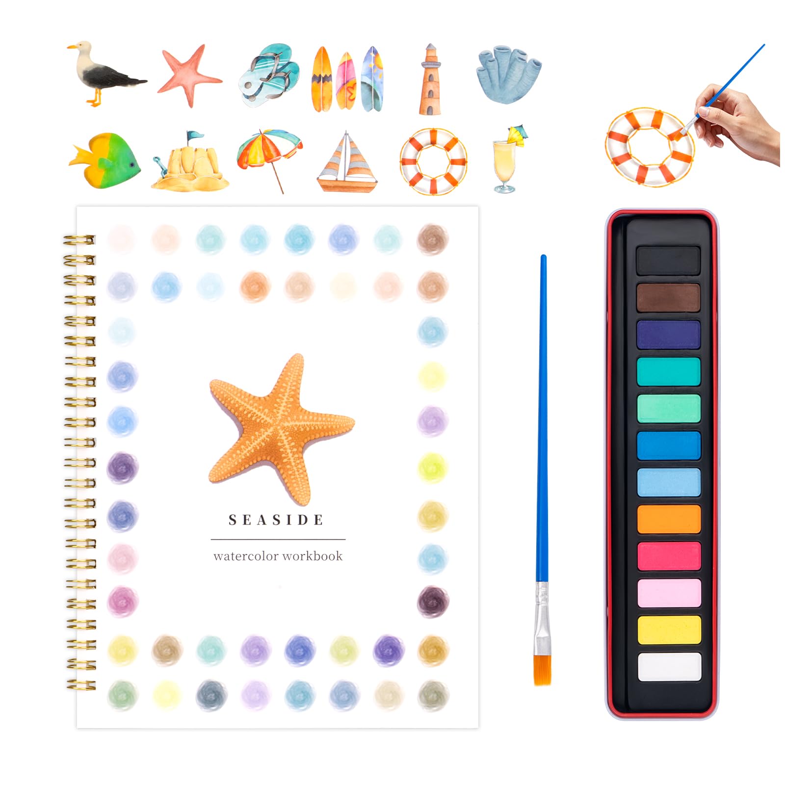 Watercolor Workbook for Adults, Beginner Friendly Watercolor Painting Kit Seaside Water Coloring Book, Nature-Themed Practice Art Gift Water Color Paint Book with Palette and Brush