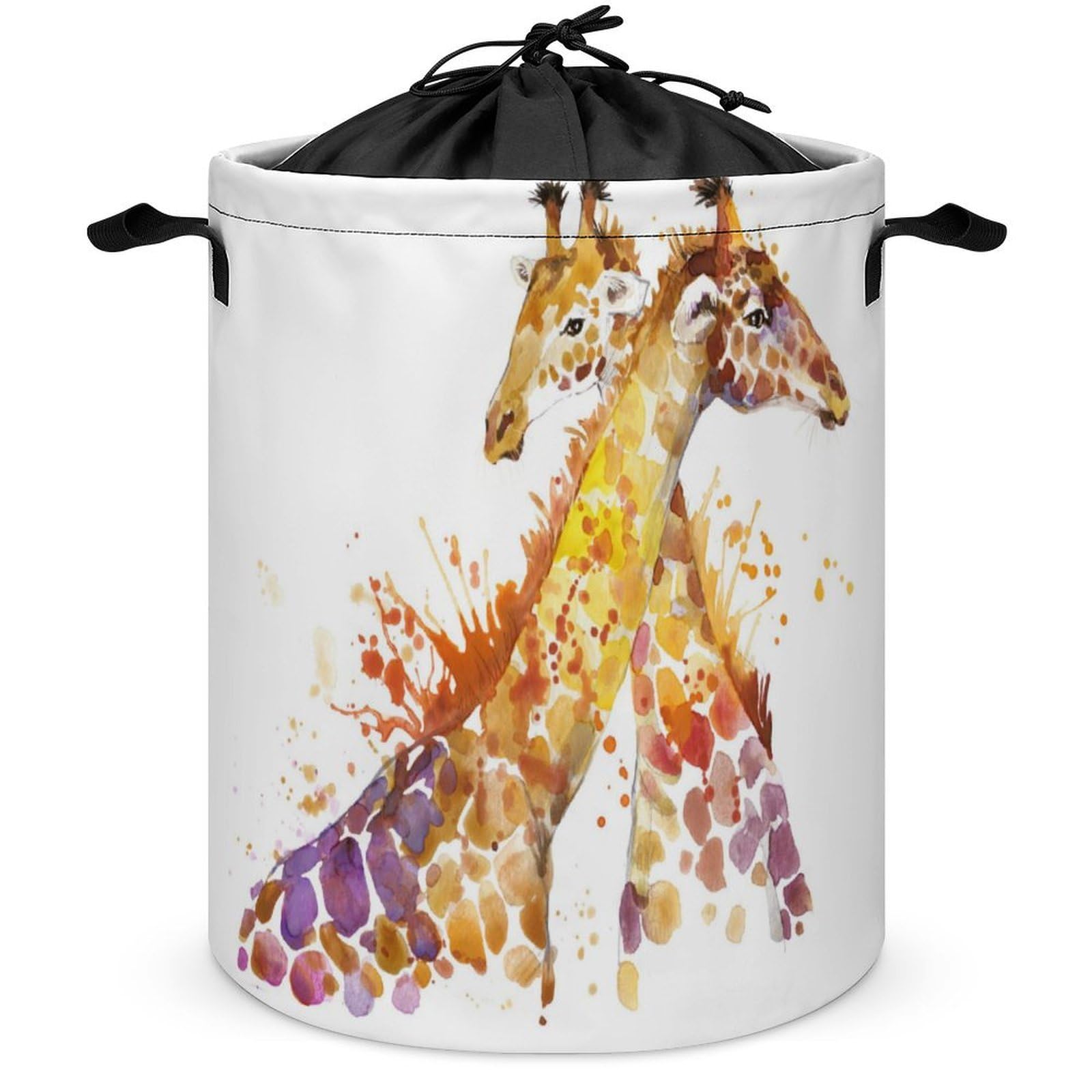 Qjjinxior Drawstring Laundry Hamper, Watercolor Giraffes Laundry Basket, Washing Basket with Handle