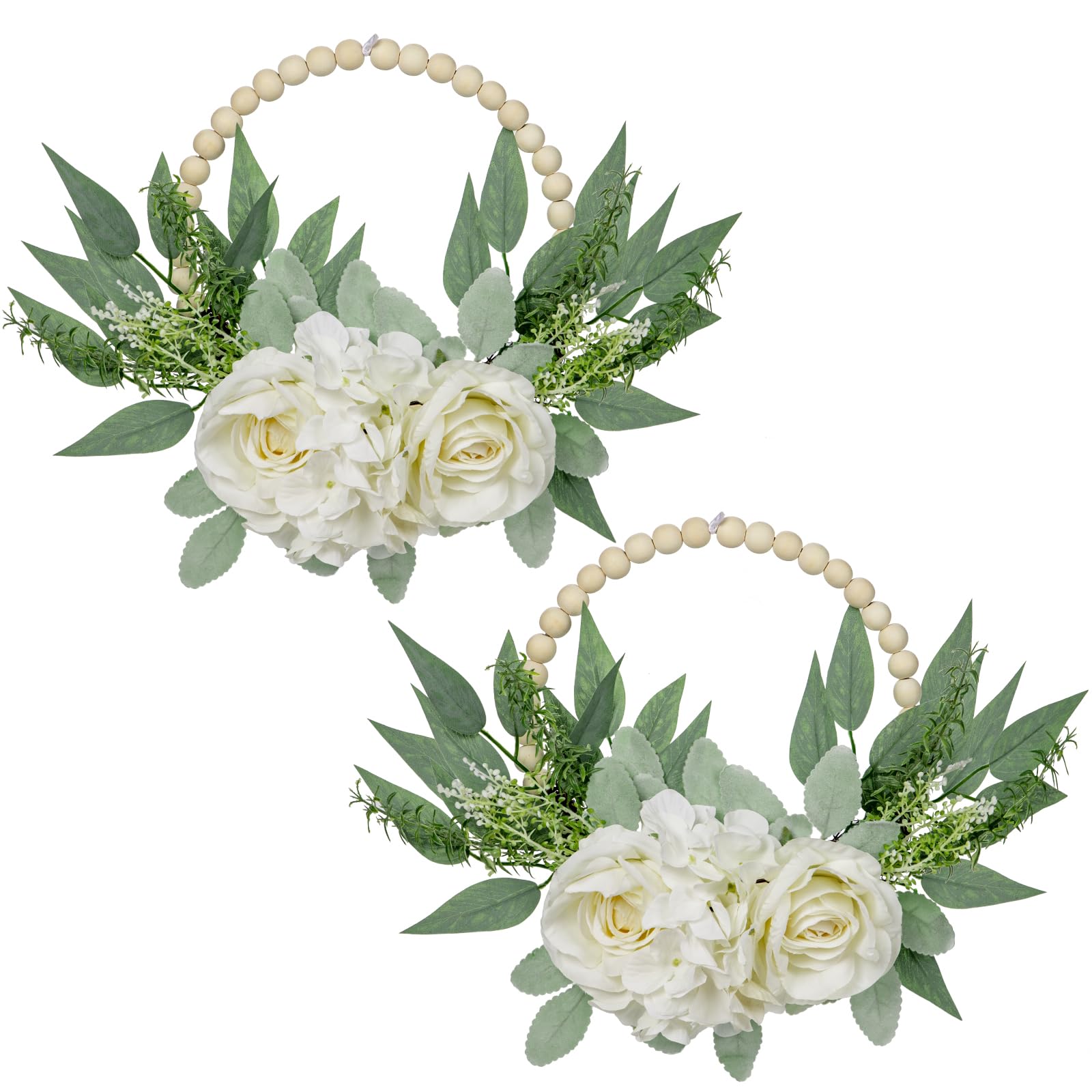Floral Wreaths Artificial 10" with Wood Bead Eucalyptus Leaves Rose Hydrangea Wreaths Farmhouse Wreaths for Front Door Boho Wall Decor 2 Pack - White