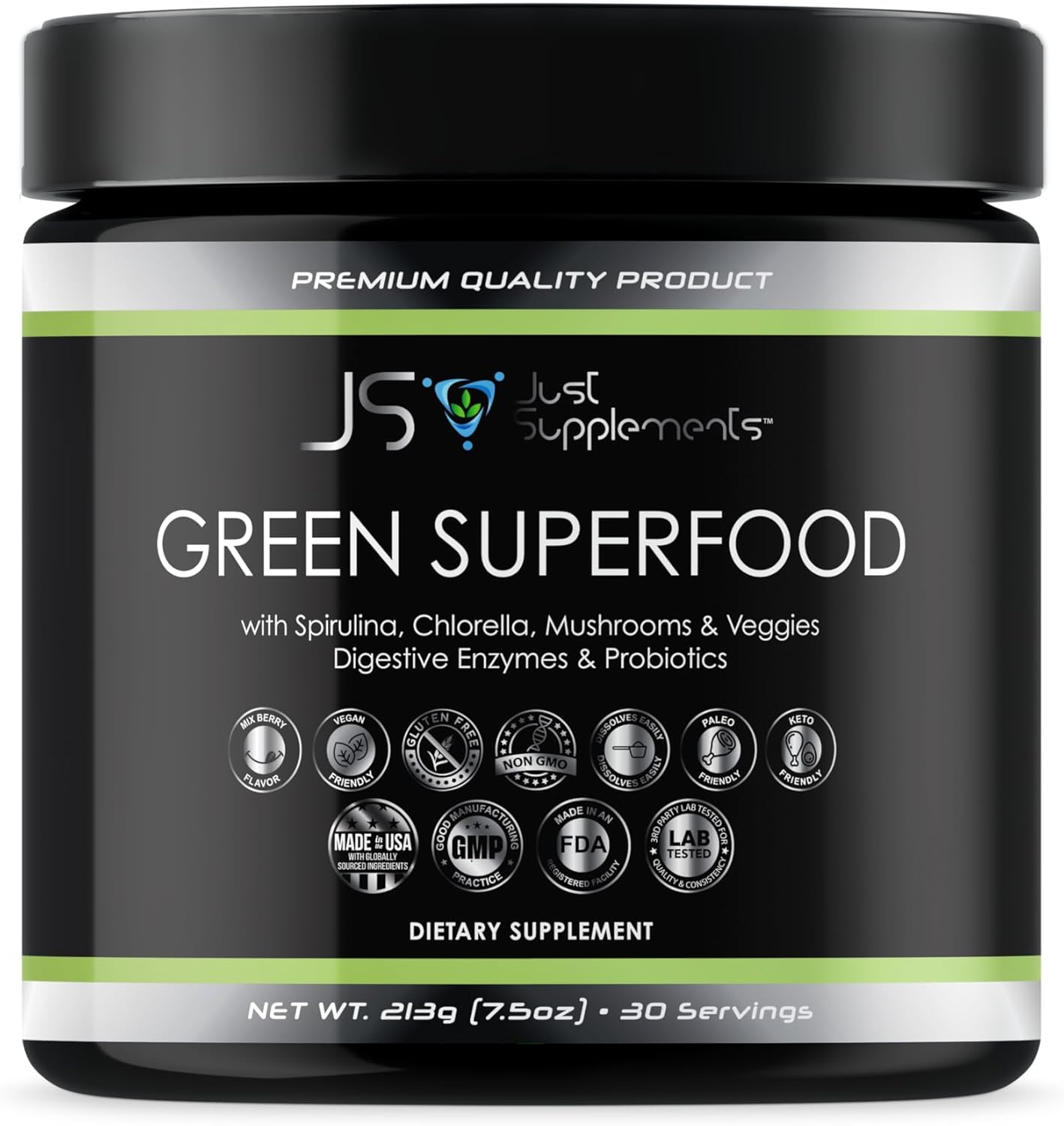Greens Superfood with Spirulina, Chlorella, Mushrooms & Veggies, Digestive Enzymes & Probiotics