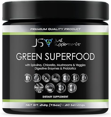 Superalimento con espirulina, clorella, hongos y verduras, enzimas digestivas y probióticos