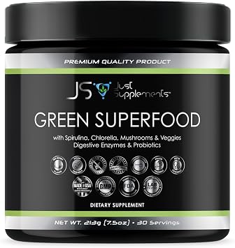 Greens Superfood with Spirulina, Chlorella, Mushrooms & Veggies, Digestive Enzymes & Probiotics