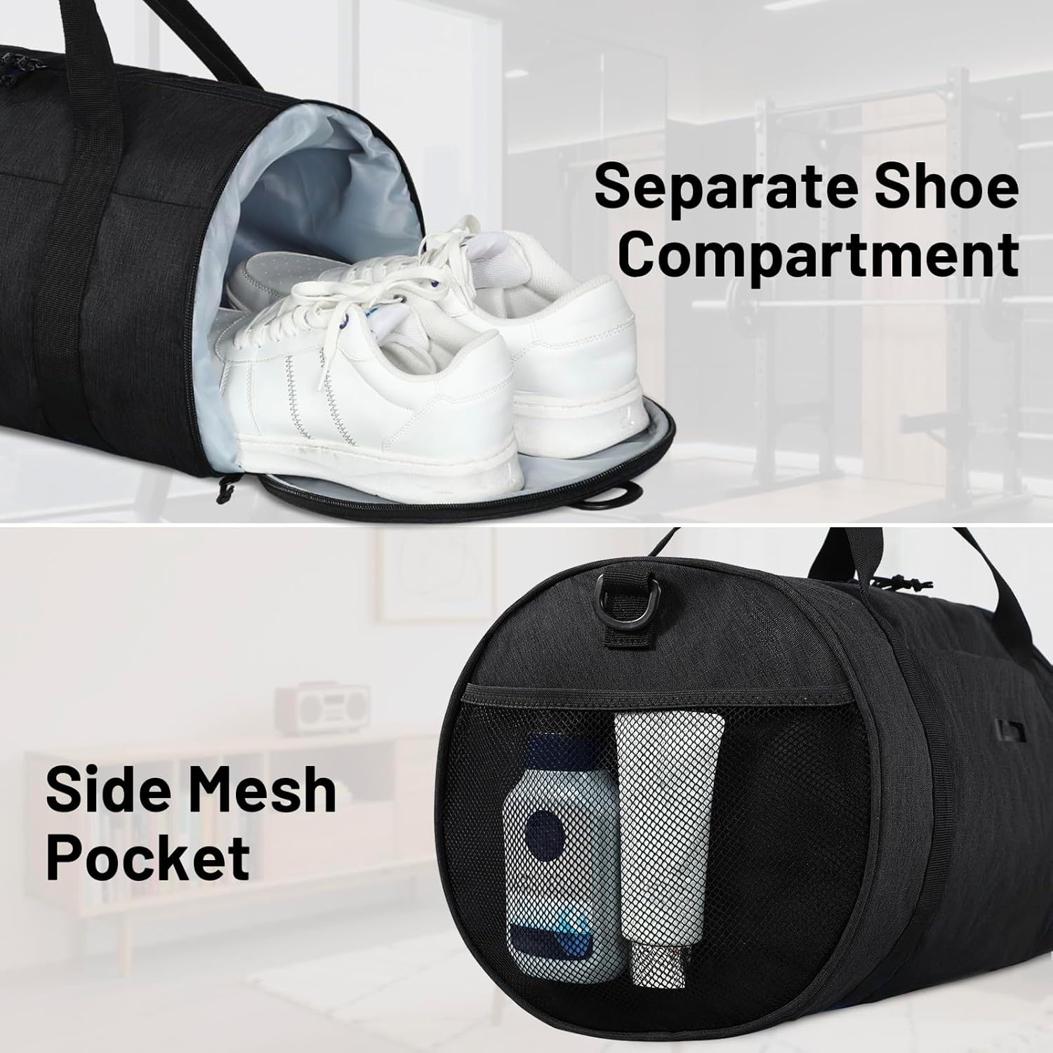 MIER Gym Bag Round Duffle Bag with Shoe Compartment & Wet Pocket, Lightweight Carry on Duffel for Men Women Workout Fitness Travel Sports, 24L, Black - Image 3