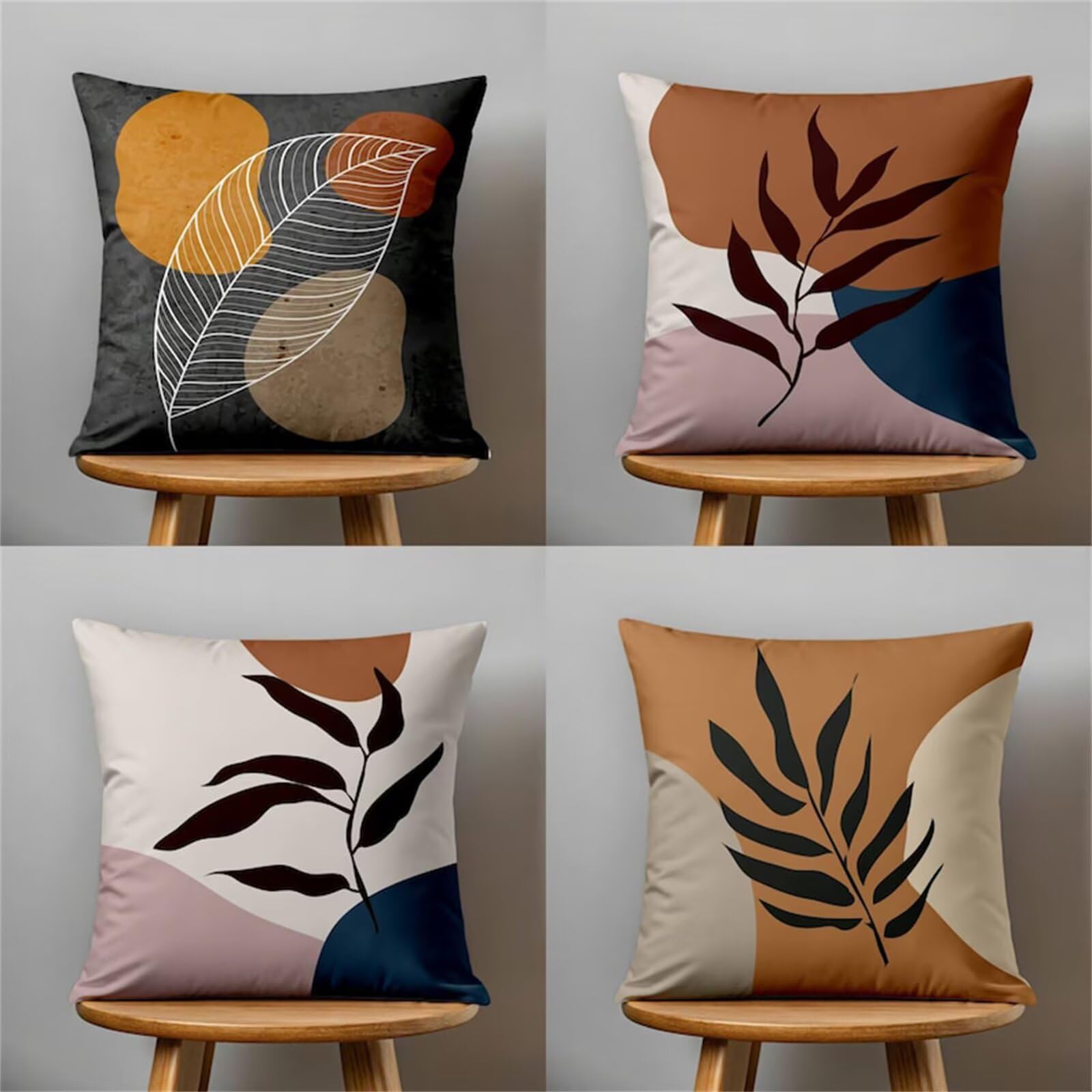 Heaen Outdoor Cushion Covers 45x45 cm Set of 4 Waterproof Linen Throw Pillowcases Brown Black Leaves Square Decorative Pillow Covers for Garden Patio Furniture