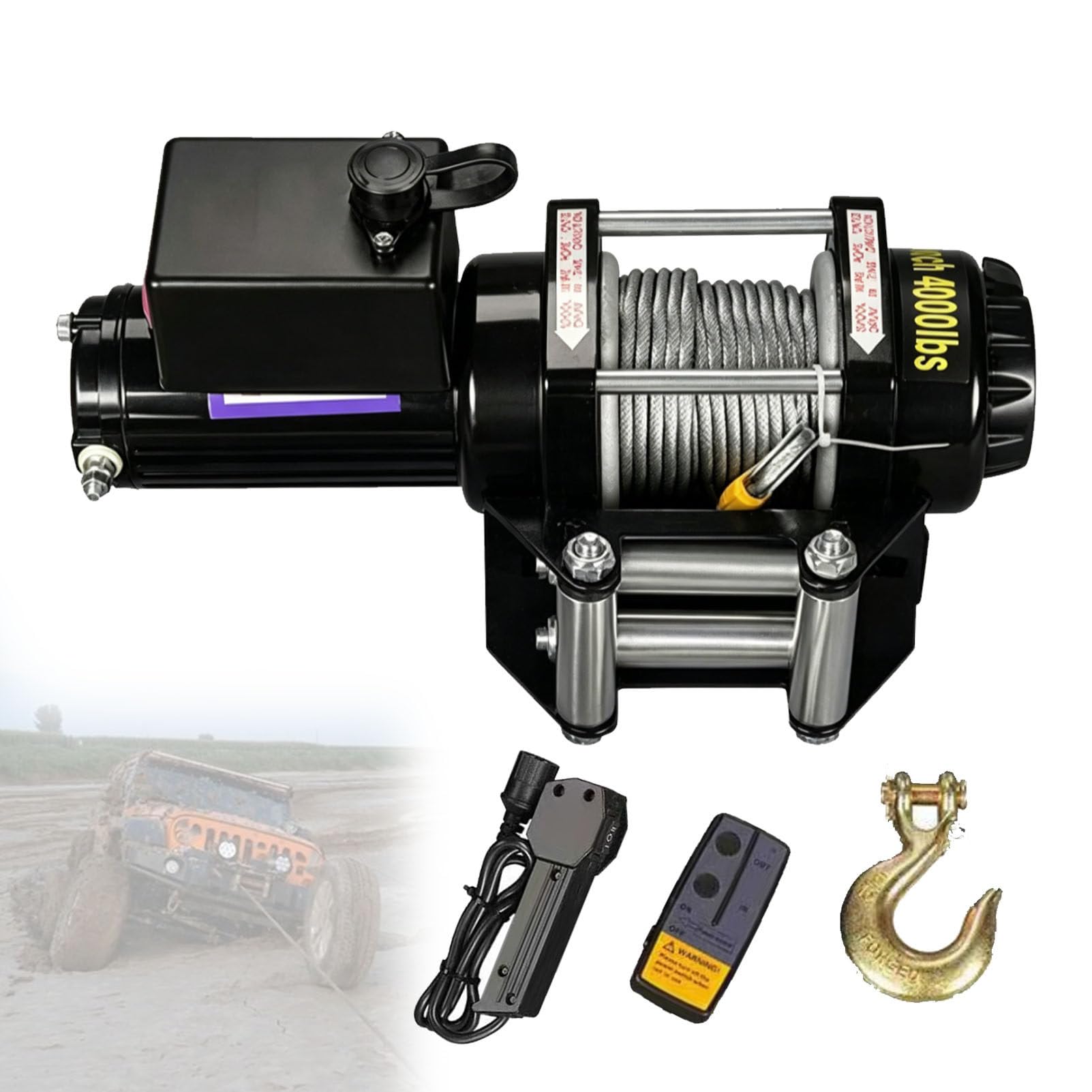 Zowdrix 4000lbs Electric Winch with Dual Remote Control (Wireless + Wired), Steel Cable, Copper Motor, Easy to Install, Off-Road Recovery Winch for Truck Trailer 24V-4000lbs