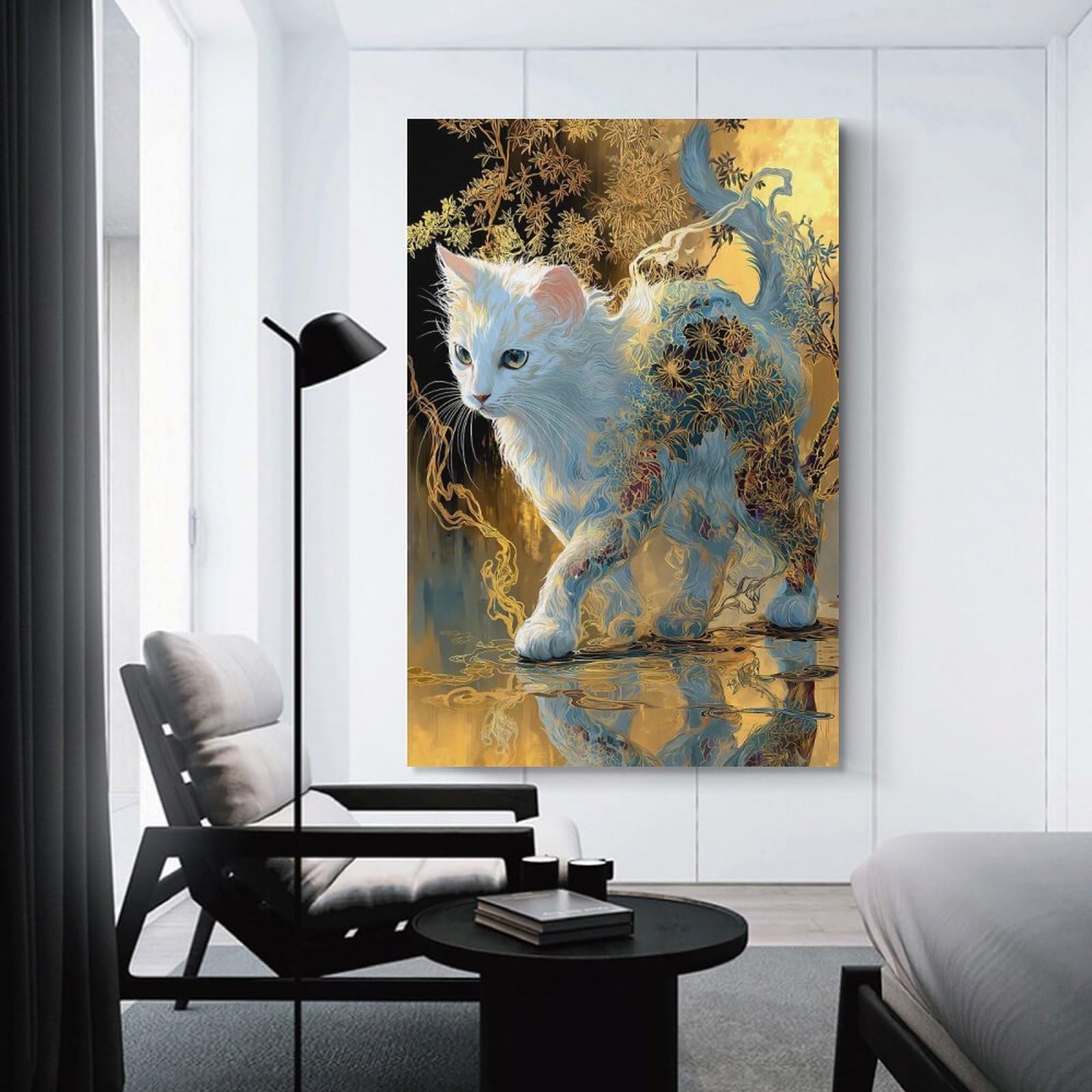 Junmoney Unframe-Style-2 Wall Picture Print Enchanted White Cat With Floral Patterns, 20X30inch(50X75cm), For Contemporary Homes, Apartments Or Offices, Decorative Canvas Decor For Home Updates
