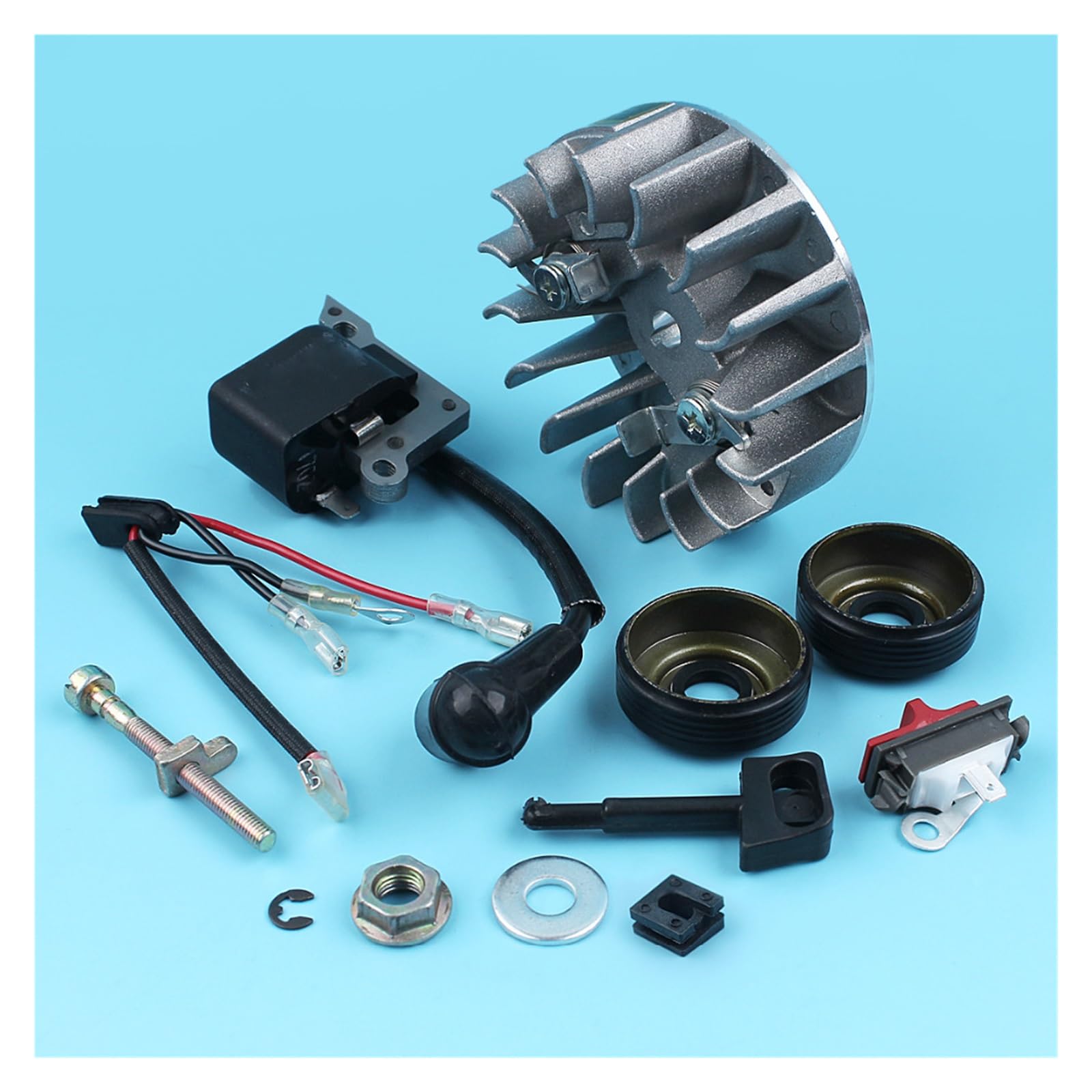 Interruptor de volante, bobina encendido, tensor cadena, sellos aceite for HUSQVARNA 137 137E 142 142E, motosierra con tuercas, palanca estrangulación