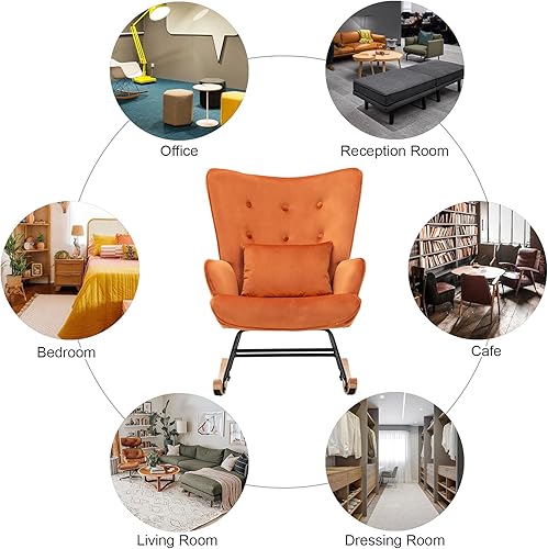 Miniatura 7 de Artechworks Mecedora moderna de tela de peluche, silla deslizante con cojín otomano, silla capitonada tapizada de mediados de siglo, silla mecedora