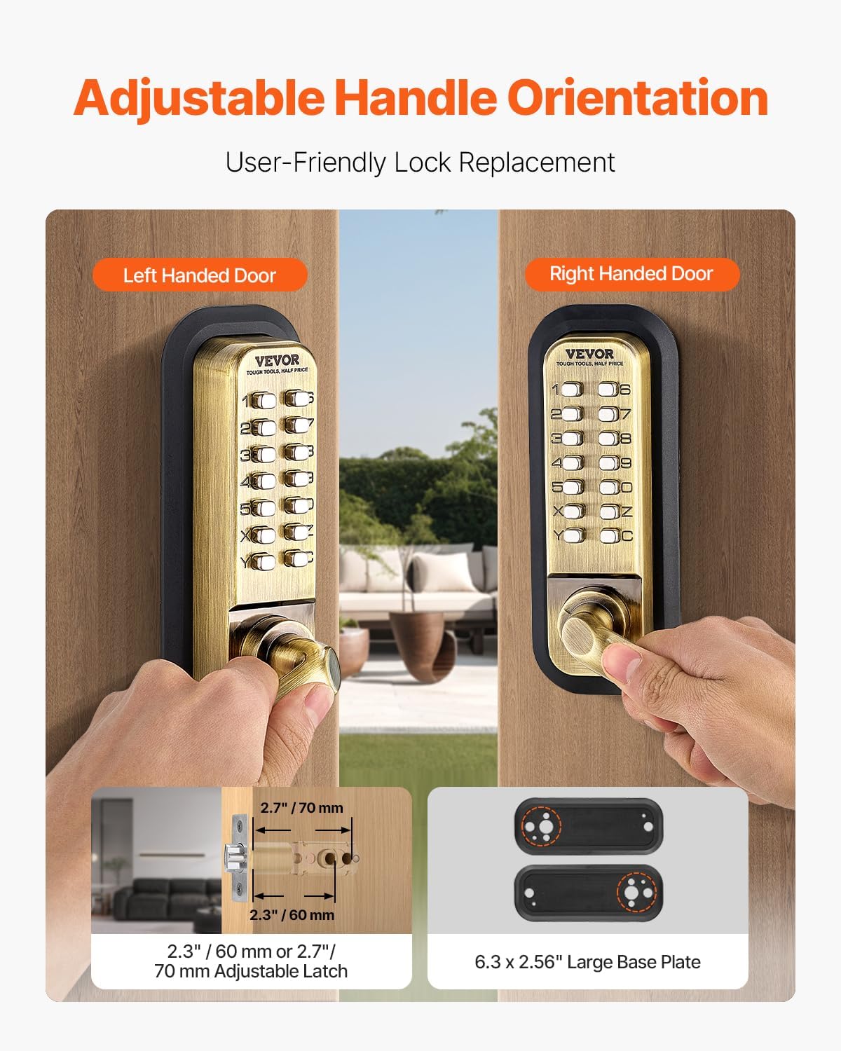 VEVOR Mechanical Keyless Entry Door Lock, 14 Keys, Mechanical Keypad with Handle, Double-Sided Stainless Steel Waterproof Keyless Gate Lock, for Home Office Fence Garage