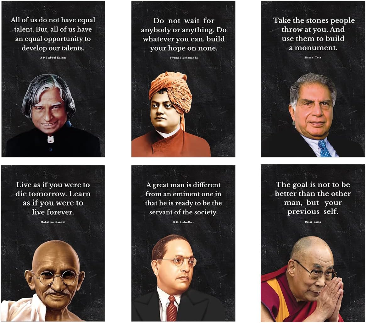 Chaka Chaundh Posters (Set of 6) - Suitable APJ Abdul Kalam, Mahatma Gandhi, Swami Vivekananda, Ratan Tata, B R Ambedkar, Dalai Lama, Motivational quotes posters (18 X 12 Inches) Pper Paper