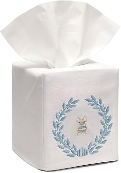 Jacaranda Living Square Tissue Box Cover, Linen/Cotton Fabric Tissue Holder, Decorative Cloth Tissue Cube Cover, Embroidered Bee Designs, Napoleon Bee Wreath Duck Egg Blue