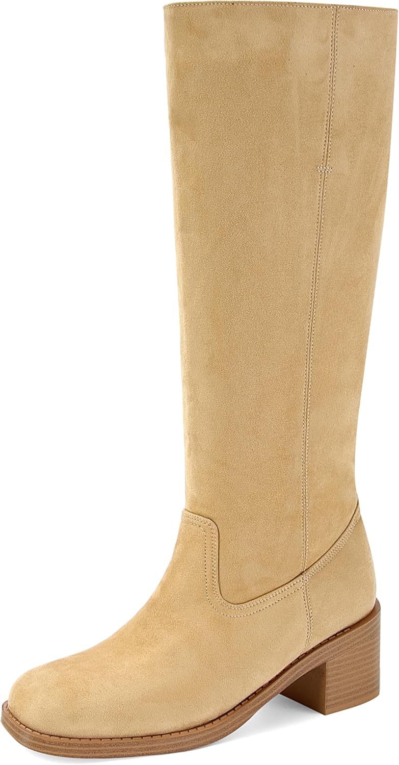 DOEYG Women's Banana Knee High Boots Square Toe Chunky Block Heel Tall Boots Wide Calf Fashion Comfortable Casual Pull on Long Boots