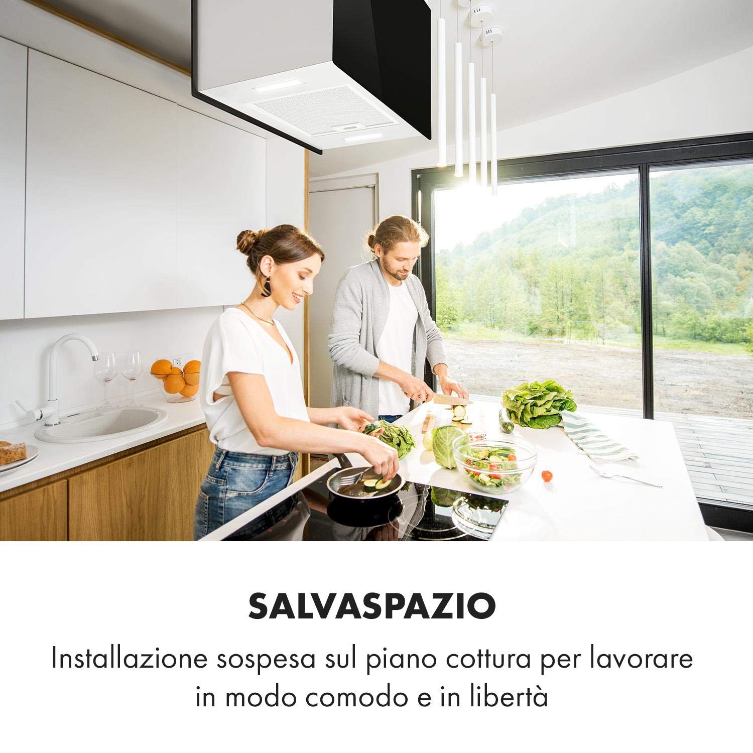 Klarstein Cappa Isola Sospesa, Cappa Cucina con Timer, Flusso d'Aria di 590m³/h, Cappa Sospesa per Isola Cucina con 3 Modalità e Filtri Antigrasso, Cappa Isola Sottopensile con Filtri a Carboni Attivi