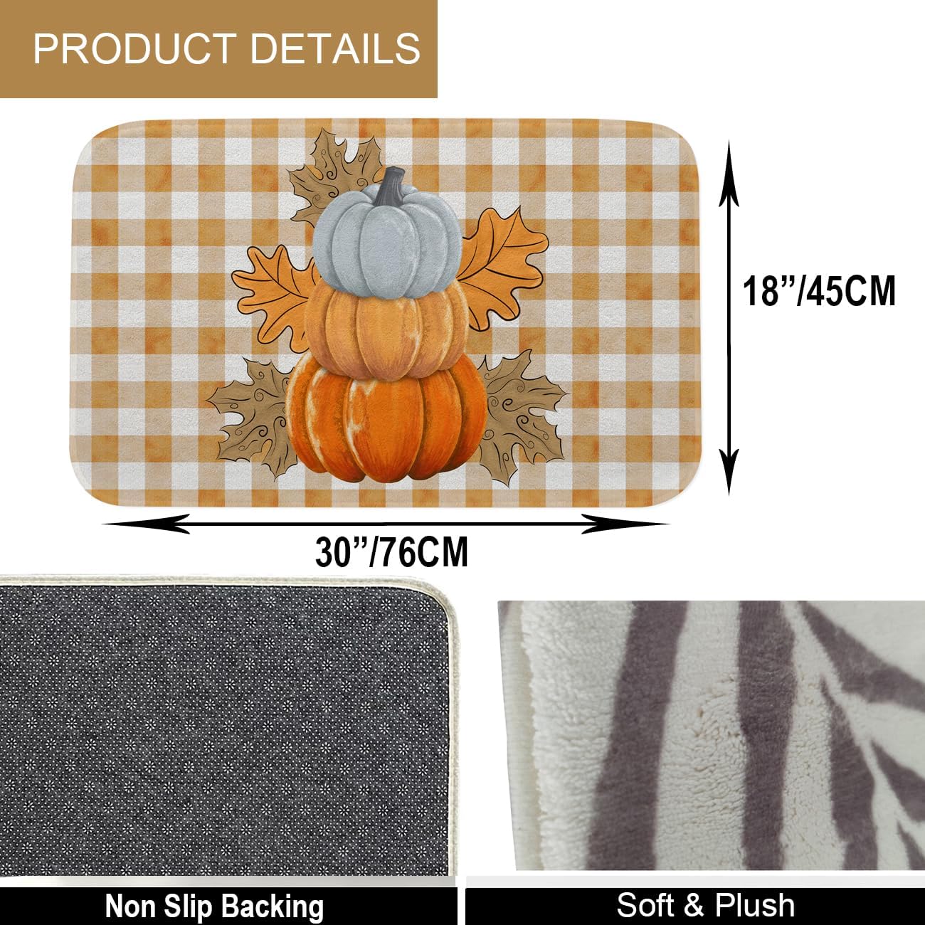 Fukeen Orange Buffalo Plaid Pumpkin Bath Mat - Non Slip Maple Leaves Shower Rug for Bathroom, Bedroom, Living Home