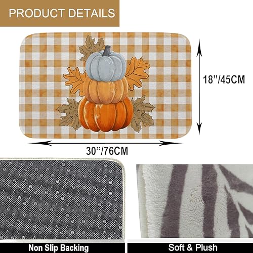 Miniatura 3 de Alfombra de baño de otoño con calabaza naranja, hojas de arce, antideslizante, 20 x 32 pulgadas, alfombra de baño suave de cosecha de otoño,