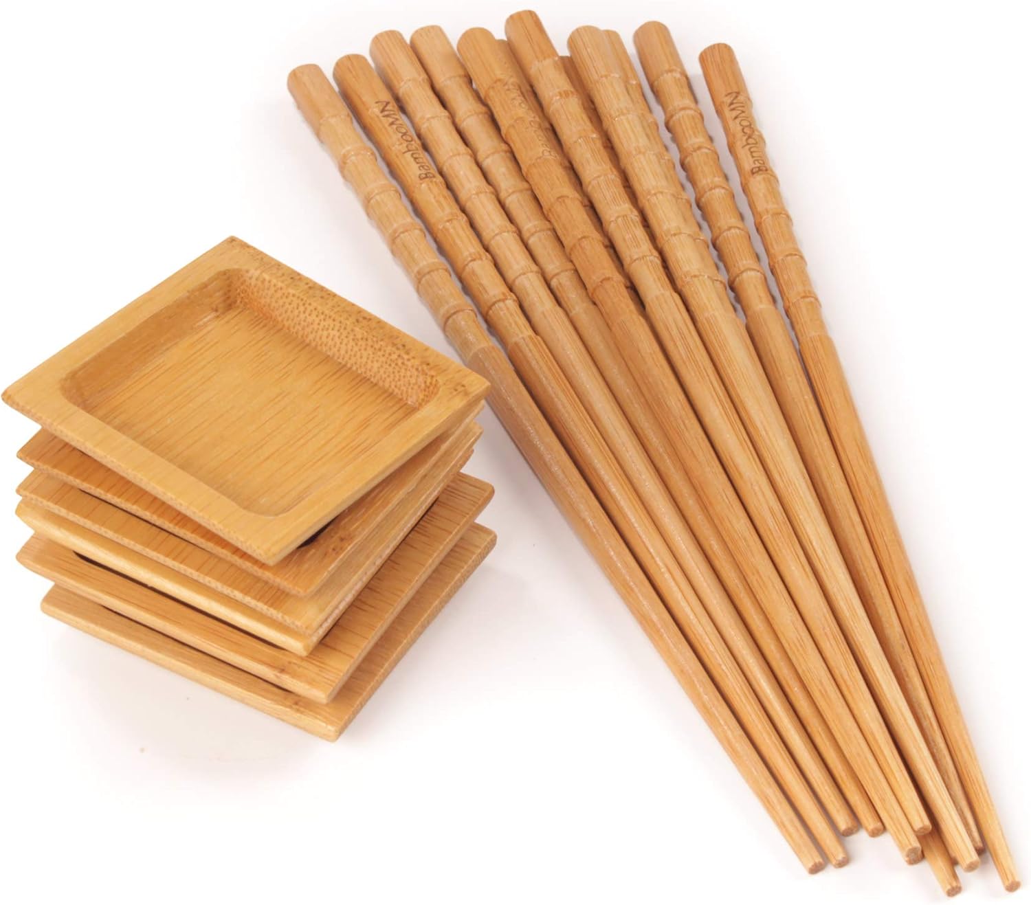 BambooMN Brand - Bamboo Sauce Dipping Dishes and Chopsticks - 6 Piece Set