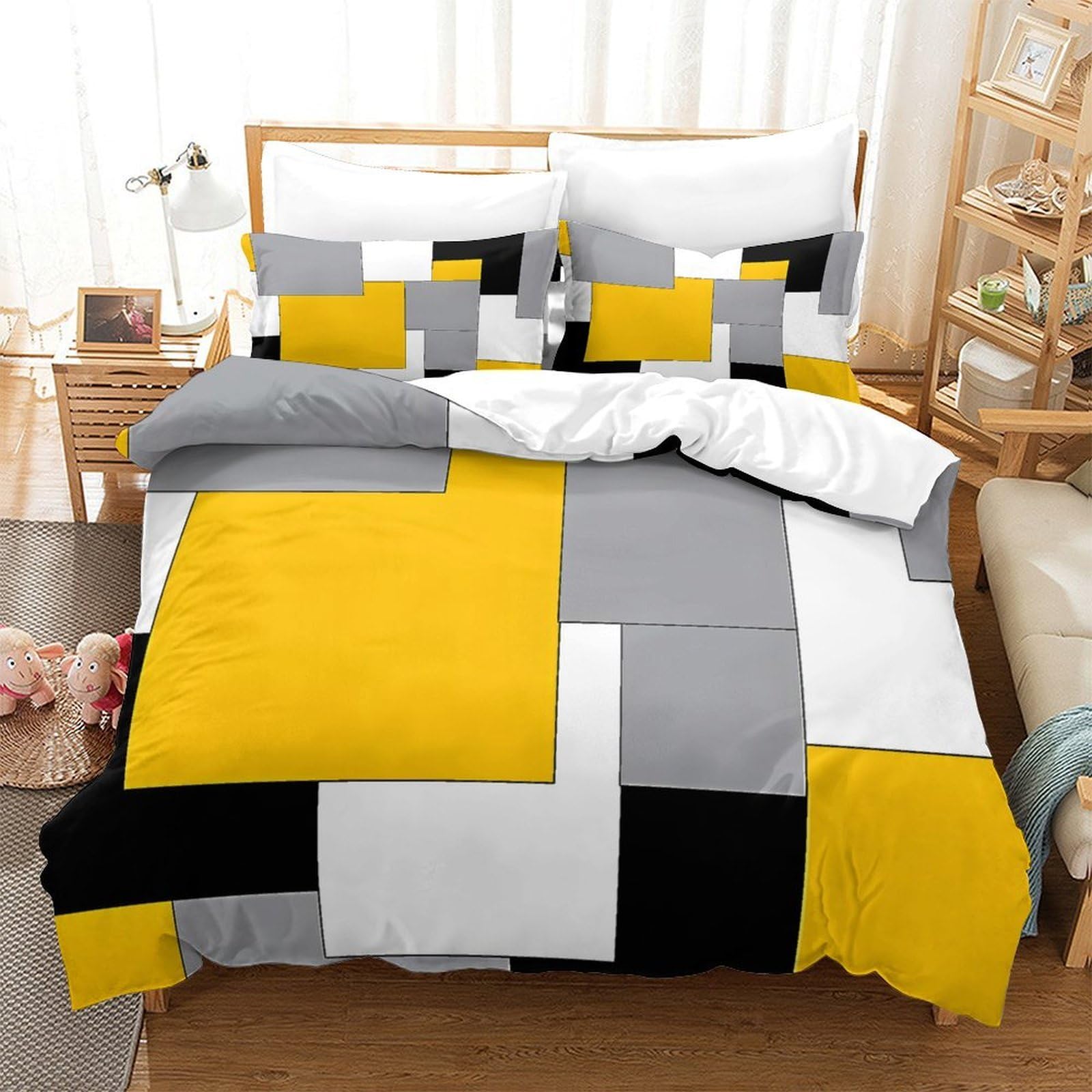 Housse de couette 2 taie d'oreillers parure de lit gris jaune moderne 220x240cm