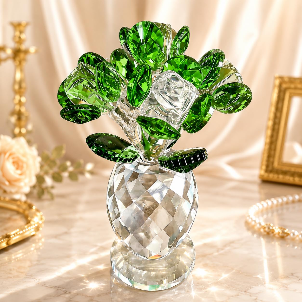 Crystal Rose Figurine Ornament, Handmade Crystal Bouquet Flowers Ornament, Crystal Glass Flower Collectible, Home Table Decor Mum Wife Mother's Day Anniversary Timeless Symbol of Love (Green)