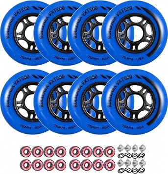 Rollerex VXT500 Inline Skate Wheels 8-Pack with Bearings, Spacers and Washers - Durable Replacement Roller Blade Wheels for Indoor & Outdoor Skating