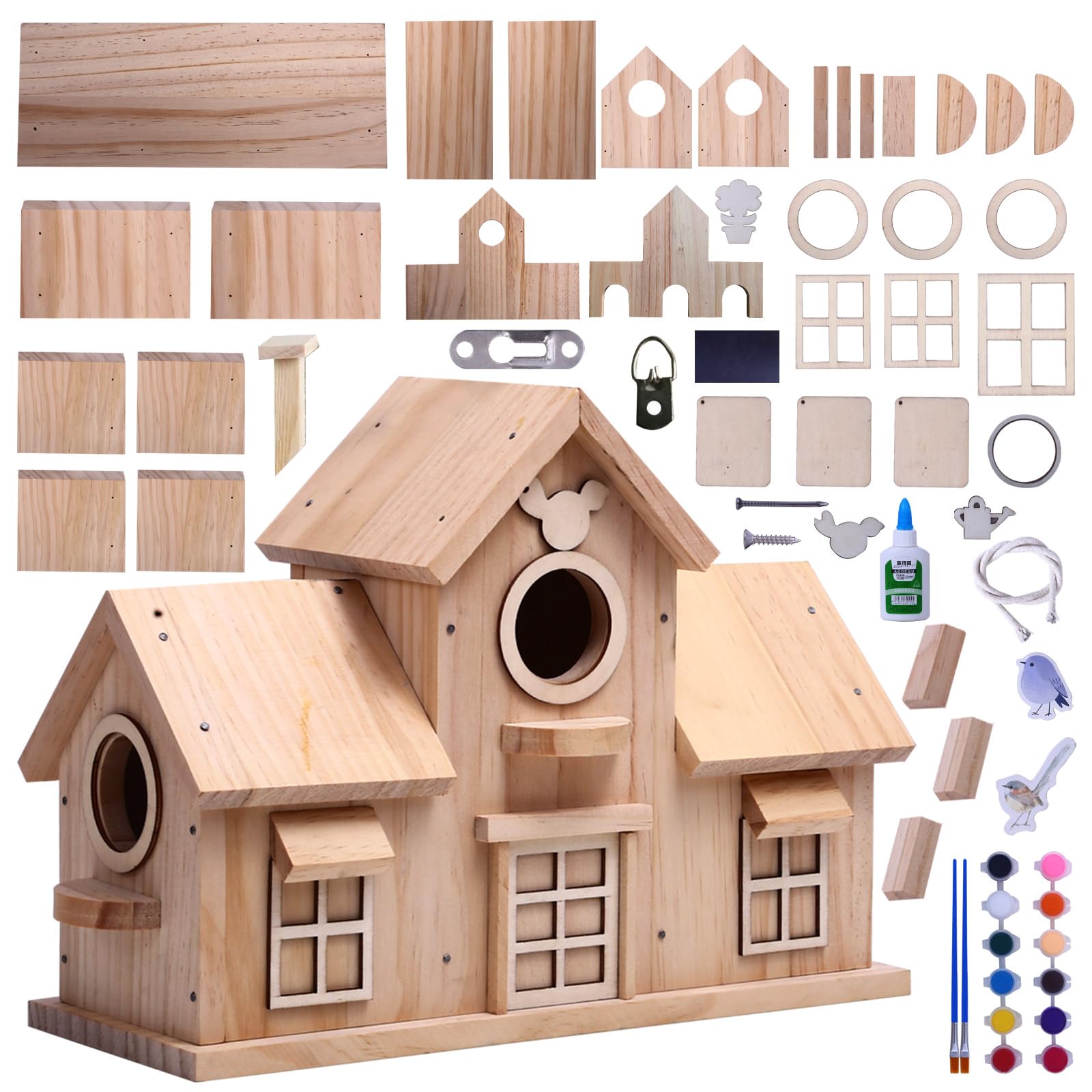 Dekoratives Vogelhaus aus Holz, natürliches Kiefernholz, Design mit doppeltem Eingang