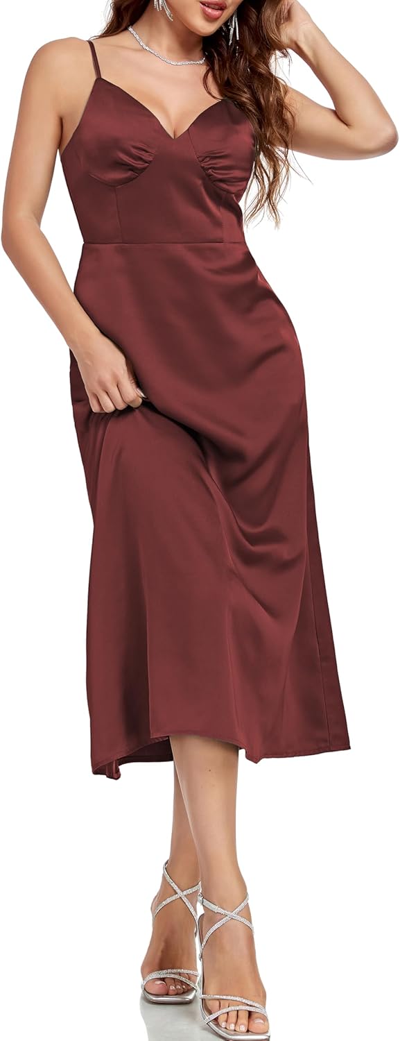 Women's Spaghetti Strap Midi Satin Silk Dress V Neck Cocktail Casual Party Sexy Summer Dresses