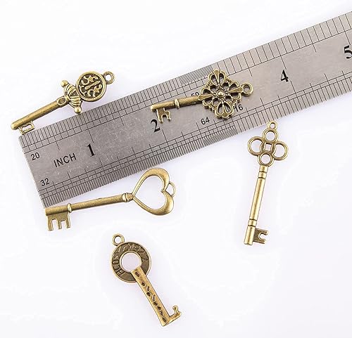 Miniatura 7 de CHuangQi Juego de 40 dijes de llaves de esqueleto vintage de bronce antiguo, llave steampunk, accesorios hechos a mano, suministros de fabricación