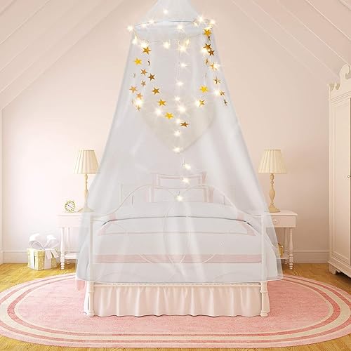 Tatuo Mesh Net Hanging Bed Canopy Netting Bed Canopy and 40 LED Twinkling Star String Light and 4 Meters Star Hanging Garland for Single to King Size Beds (White)