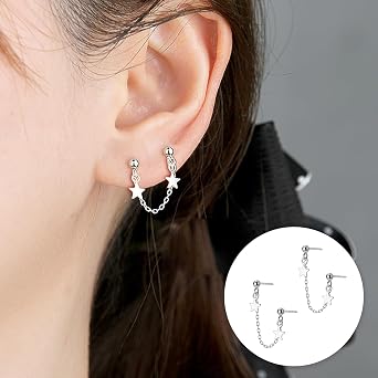 Chain Earrings Star Dangling 925 Sterling Silver Double Piercing Stud Hoop Earring Tassel Chain Dangle Drop Ball Earring for Multiple Piercing Drop Cartilage Helix Earrings for Women Girls