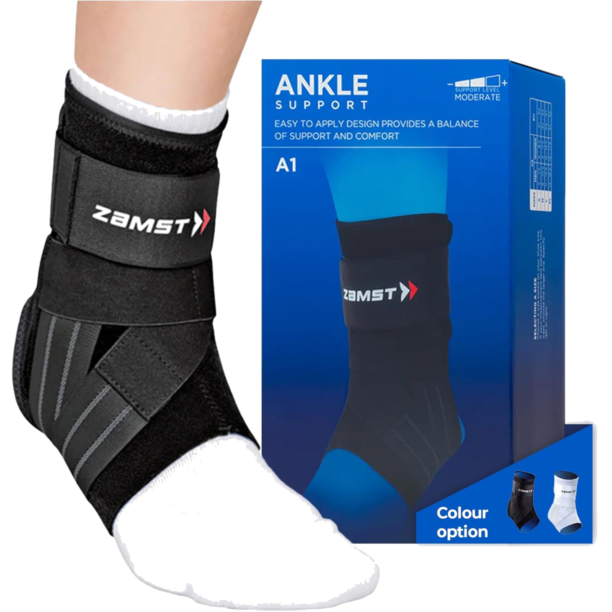 Zamst A1 Tobillera Deportiva - Soporte de Tobillo Deportivo Transpirable para Hombres y Mujeres con Correas Ajustables de Tres Vías para Esguince de Tobillo Lateral Moderado - Derecha, L