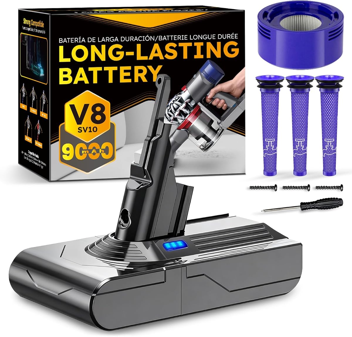 CELLPOW Upgraded 9000mAh V8 Battery Replacement Compatible with Dyson V8 Animal/Absolute/Motorhead/Fluffy / SV10 Series Cordless Vacuum Cleaner with 4 Filters (3 Pre + 1 Post).