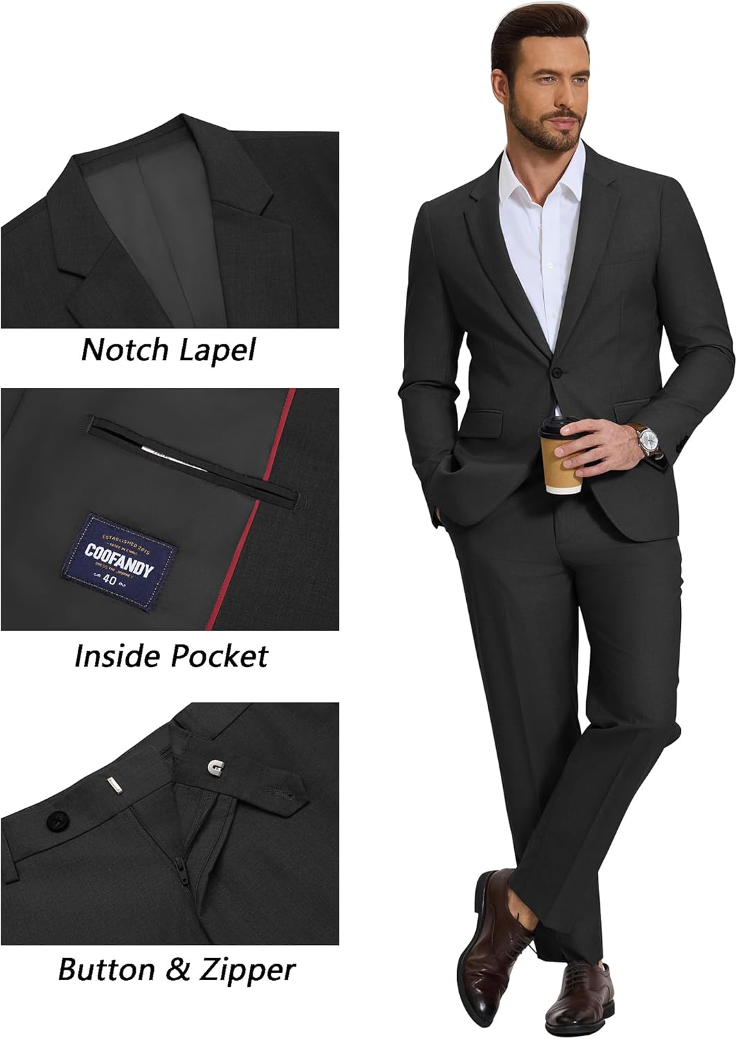 COOFANDY Men's Suits Regular Fit 2 Piece Suit Set One Button Solid Blazer and Pants for Wedding Prom Casual Business
