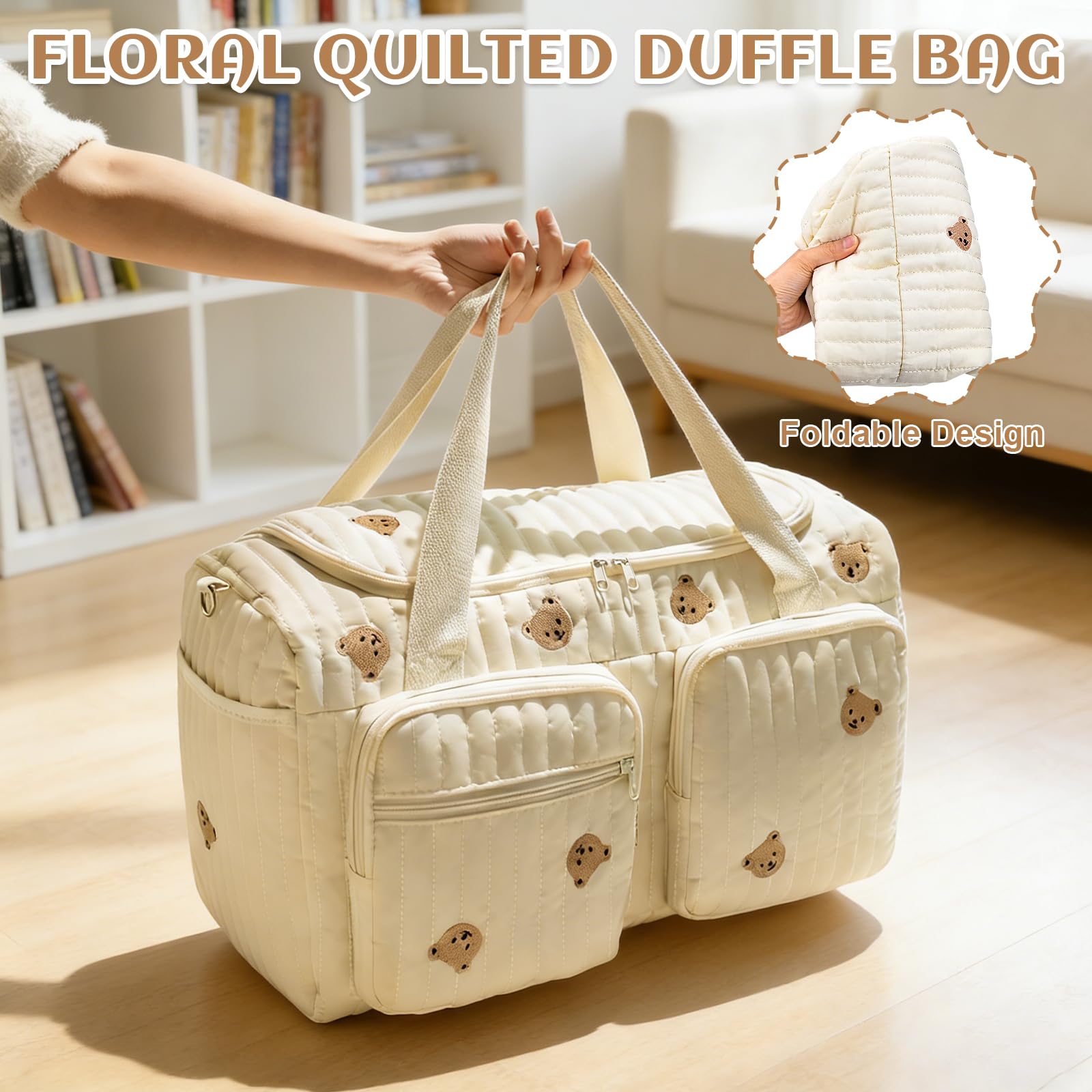 Jadyon Sac à langer matelassé, sac pour l'hôpital, sac de voyage mignon à motif ours pour femmes, sacs de week-end pour femmes, portable et léger, sac pour l'hôpital pour bébé à transporter