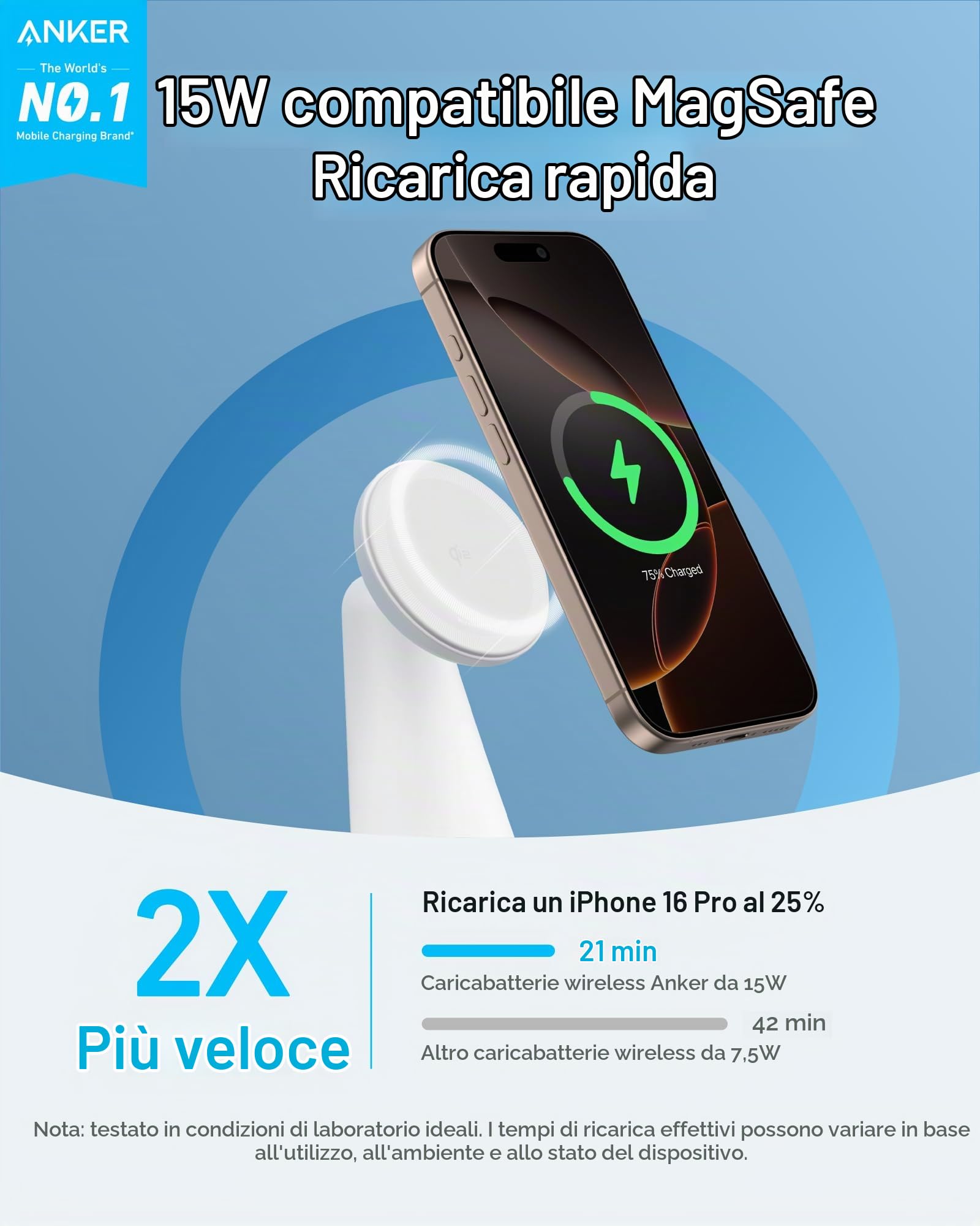Anker MagGo Caricatore Wireless iphone Stazione di Ricarica 2 in 1 15W, Certificato Qi2 MagSafe da 15W, Regolabile e Resistente, per iPhone 17 Pro Max Air/Serie 16-12 e Altro (Adattatore non Incluso)