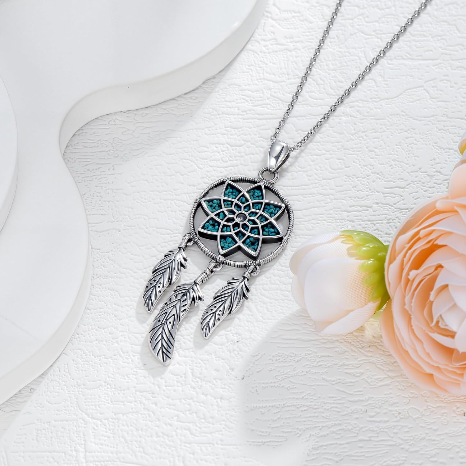 Nature Turquoise Feather Dream Catcher Necklace for Women 925 Sterling Silver Bohemian Dream Catcher Pendant Retro Western Jewelry Gifts for Birthday - Image 2