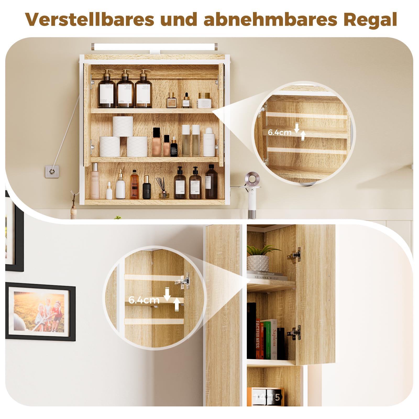 ELUCHANG Badmöbel Set 3,Waschbeckenunterschrank und Spiegelschrank Bad mit Beleuchtung und Hochschrank,Badezimmer Set 60cm,mit Schubladen,Verstellbare Ablage Badezimmermöbel Komplett,Oak+Weiß