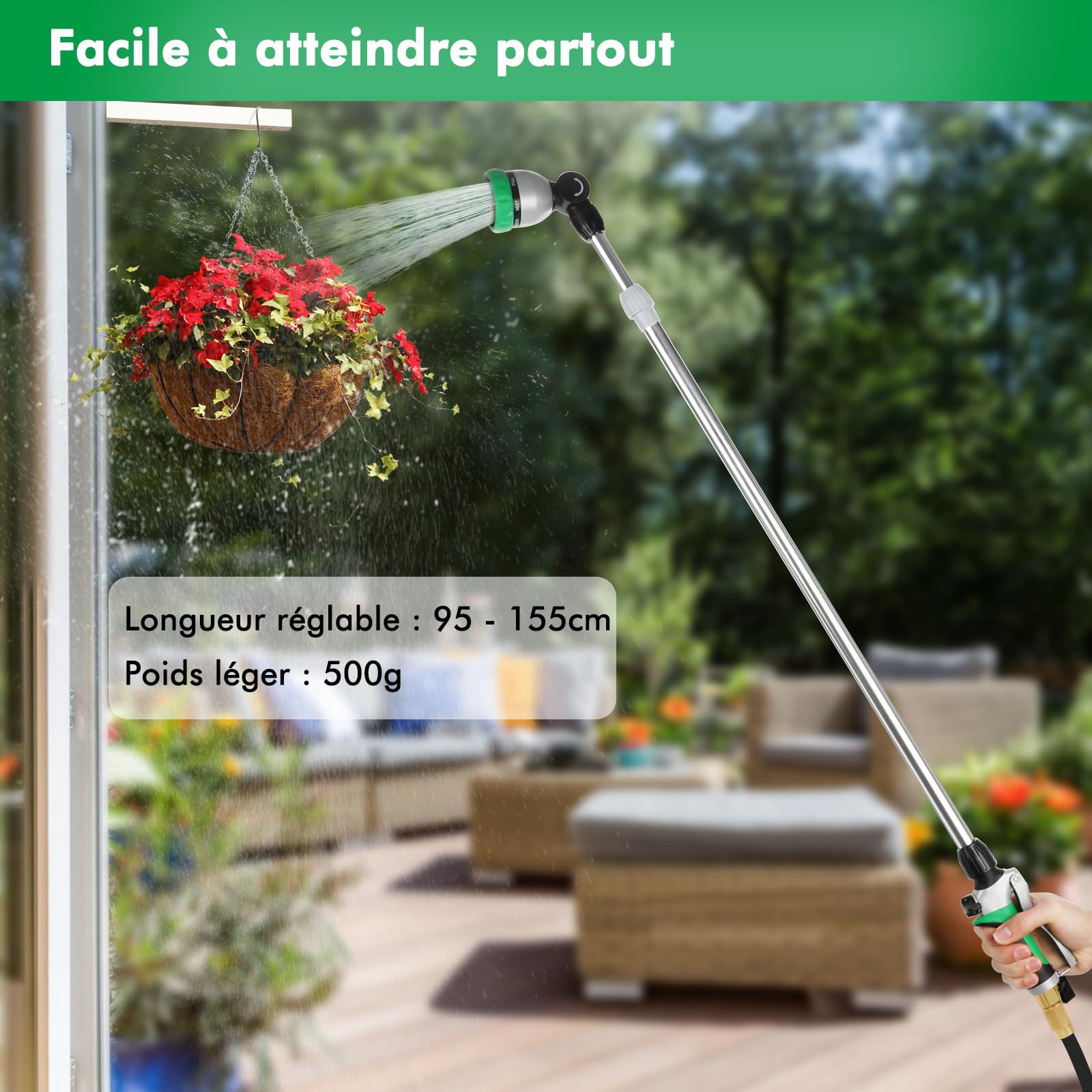 RESTMO Canne d'Arrosage Télescopique 92-152 cm, Longe Pomme Métallique avec Tête Pivotante 180°, 7 Motifs de Pulvérisation, Baguette Magique pour Jardinières Suspendues et Arbustes, Vert