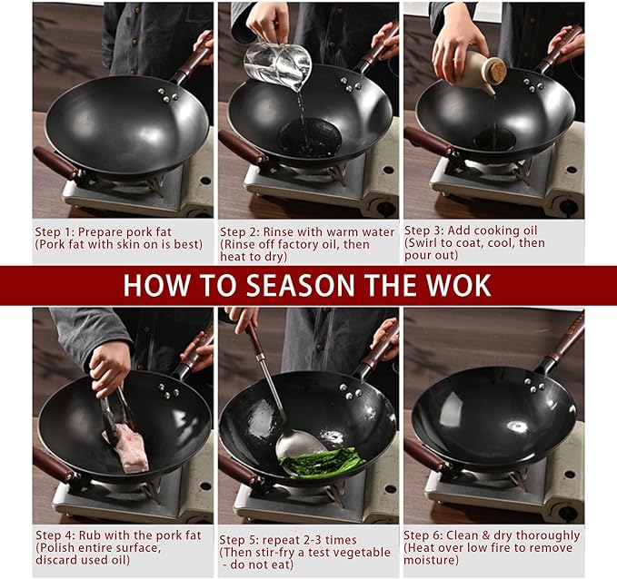 Wok de Hierro Fundido Negro 13 pulgadas Mango de Madera Antiadherente Físico miniatura 9