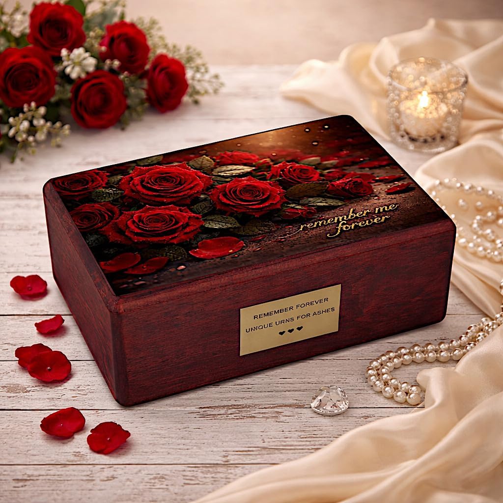 Funeral Urn with Red Roses – Adult Size Wooden Cremation Urn For Ashes
