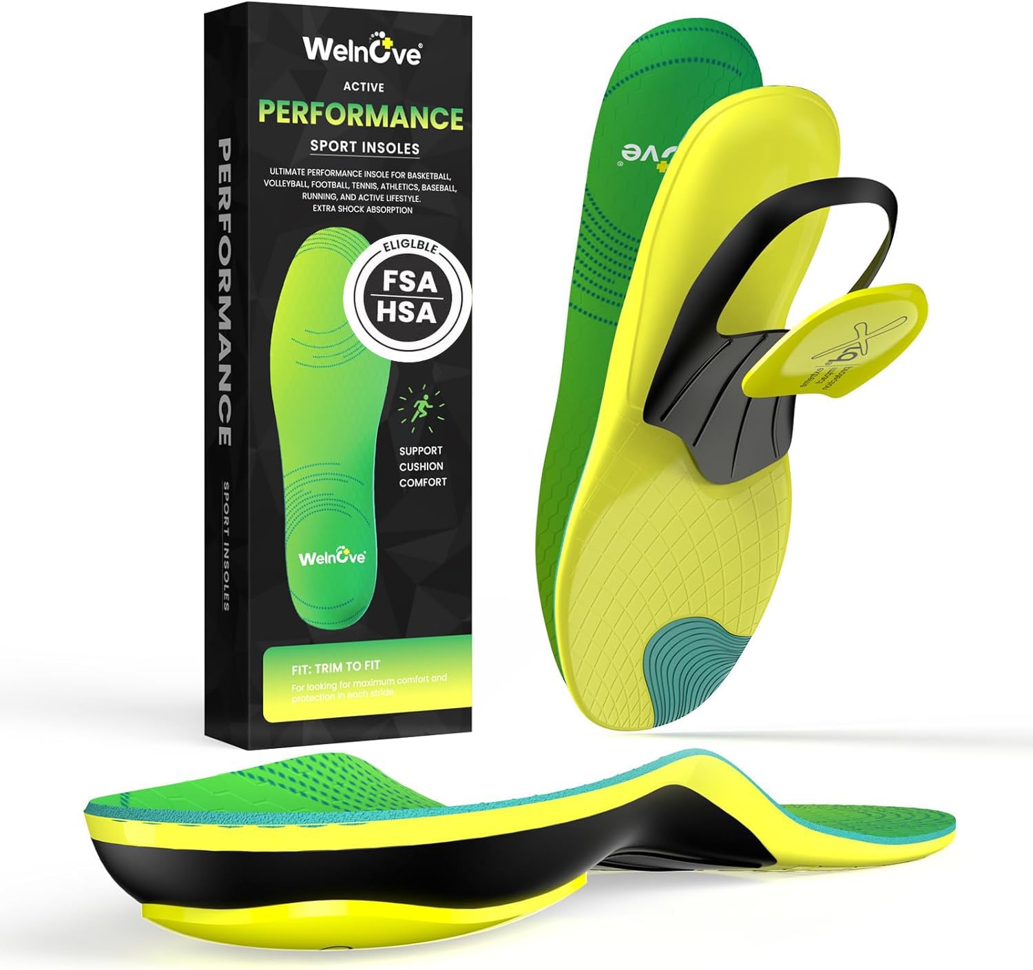 Lightweight Running Sport Insoles for Men Women - Welnove Shock Absorption and Cushioning Shoe Insert for Active Lifestyle - Planter Facetious Support