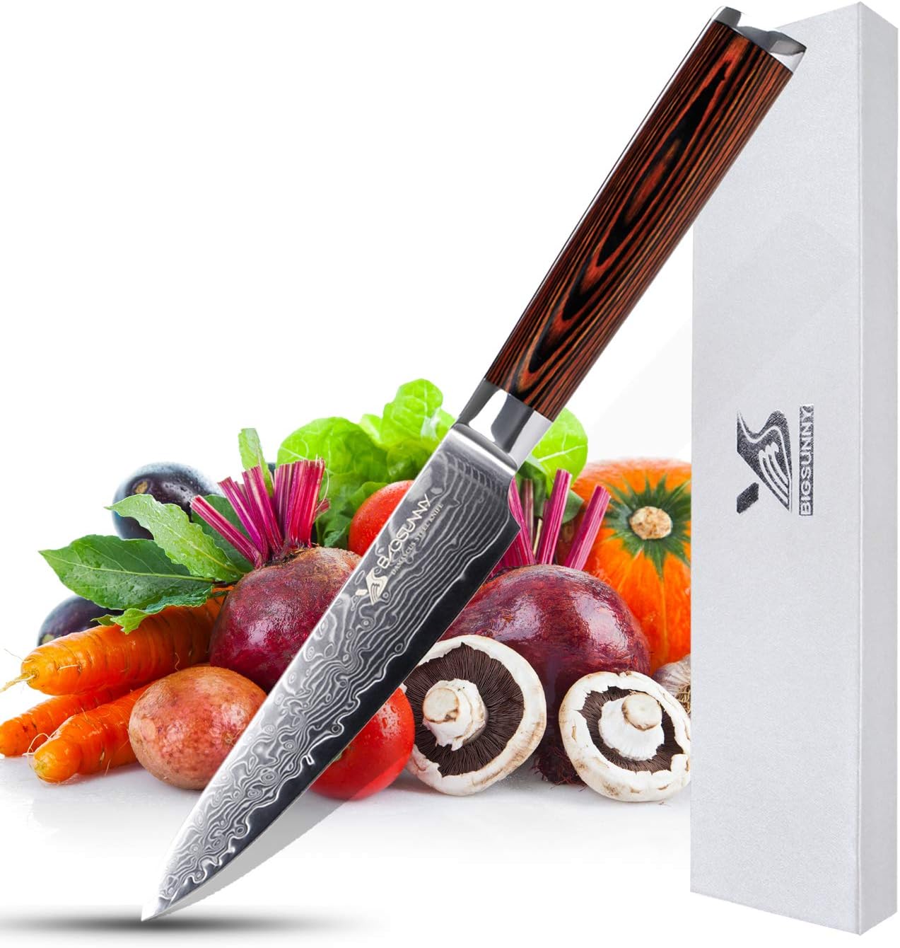 MSY BIGSUNNY 5 Inch Utility Knife Super Damascus Steel, Pakka Wood Handle