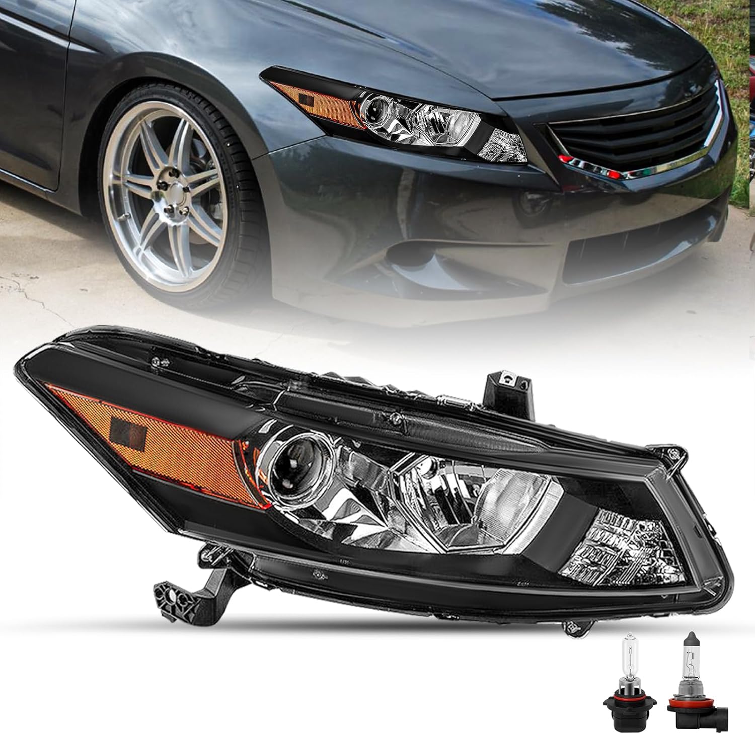 SOCKIR Headlight Assembly Pair w/Bulbs Compatible with 2008-2012 Honda Accord Coupe 2-Door Projector Headlights (Black Housing with CLear Reflector)