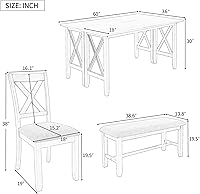 Vista 38 de Juego de mesa de comedor de madera de goma de 6 piezas con patrón de grano de madera y cojín suave, mesa de comedor rectangular con 4 sillas