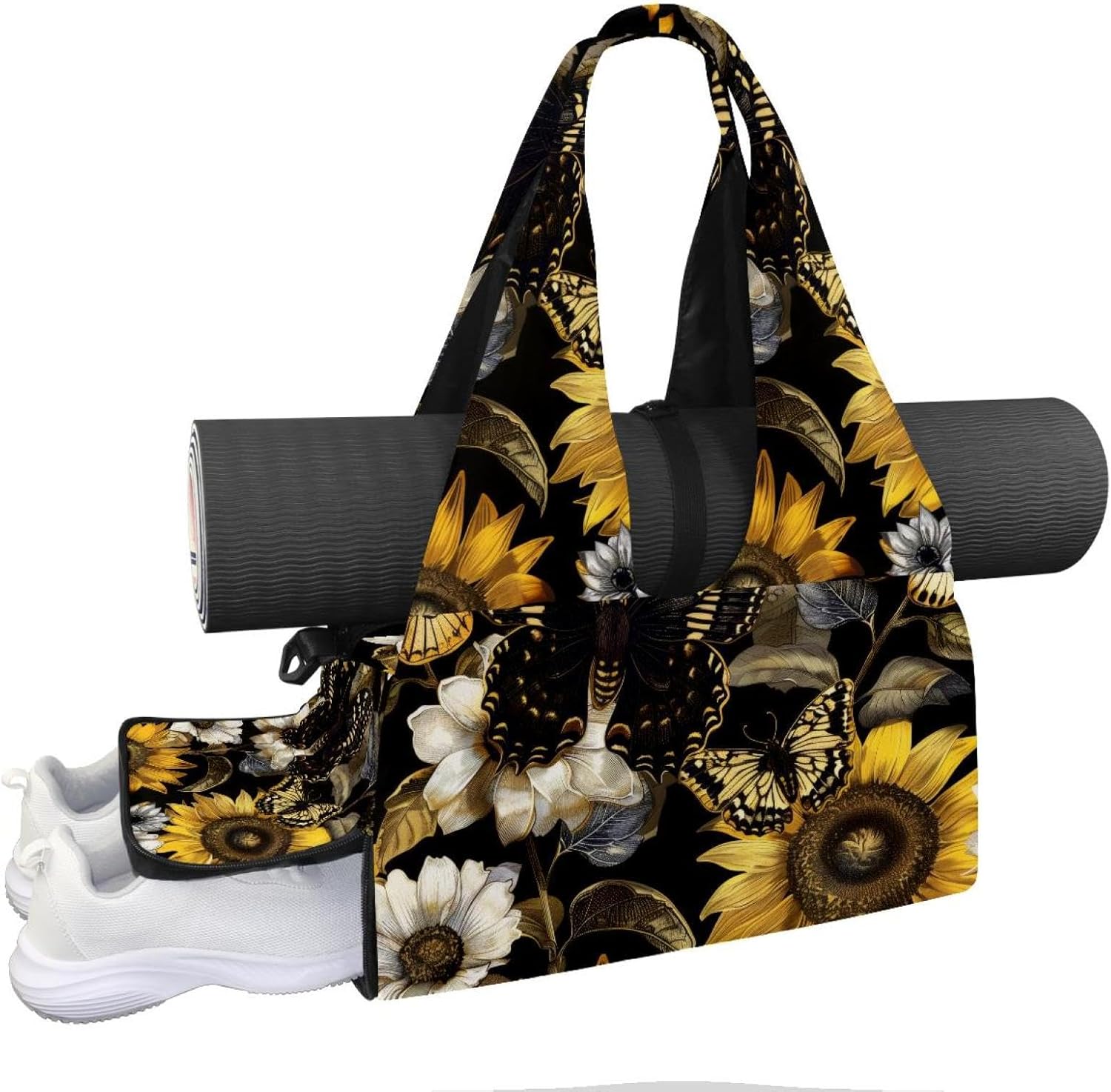 Gym Bag for Women, Cow with Sunflower Yoga Mat Bag with Shoe Compartment, Sport Yoga Gym Bag with Yoga Strap, Carryall Yoga Tote Bag