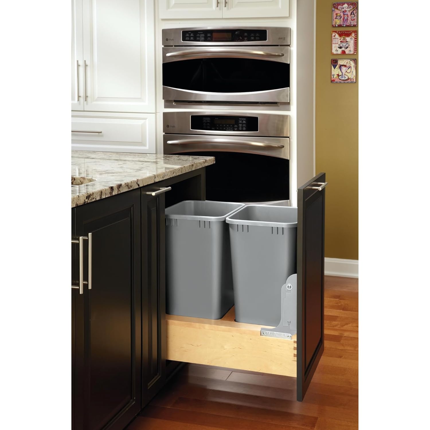 Rev-A-Shelf Double 50-Quart Pullout Under Cabinet Trash Cans with Soft Open & Close Slide System, Metallic Silver, Maple Wood Bottom 4WCBM-2150DM-2